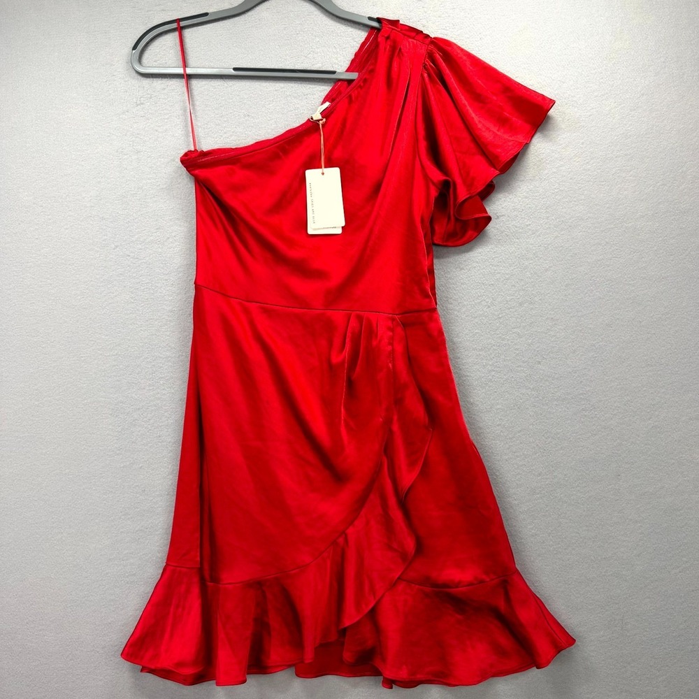 Skies Are Blue One-Shoulder Mini Dress Women Medium Red Satin Stretch Ruffle Hem